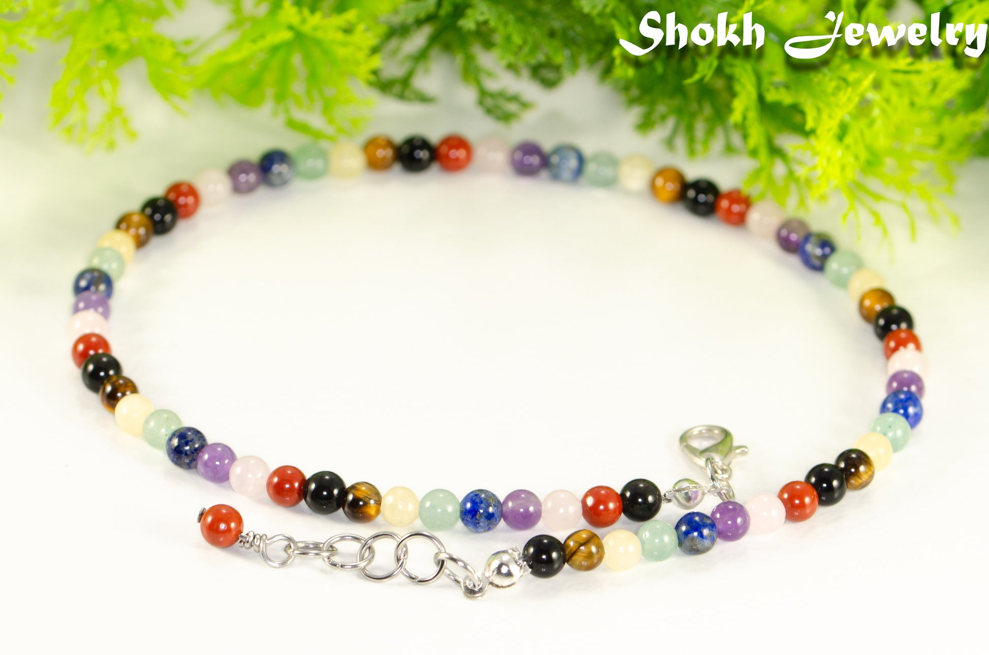 Close up of 4mm Chakra Gemstone Choker Necklace.