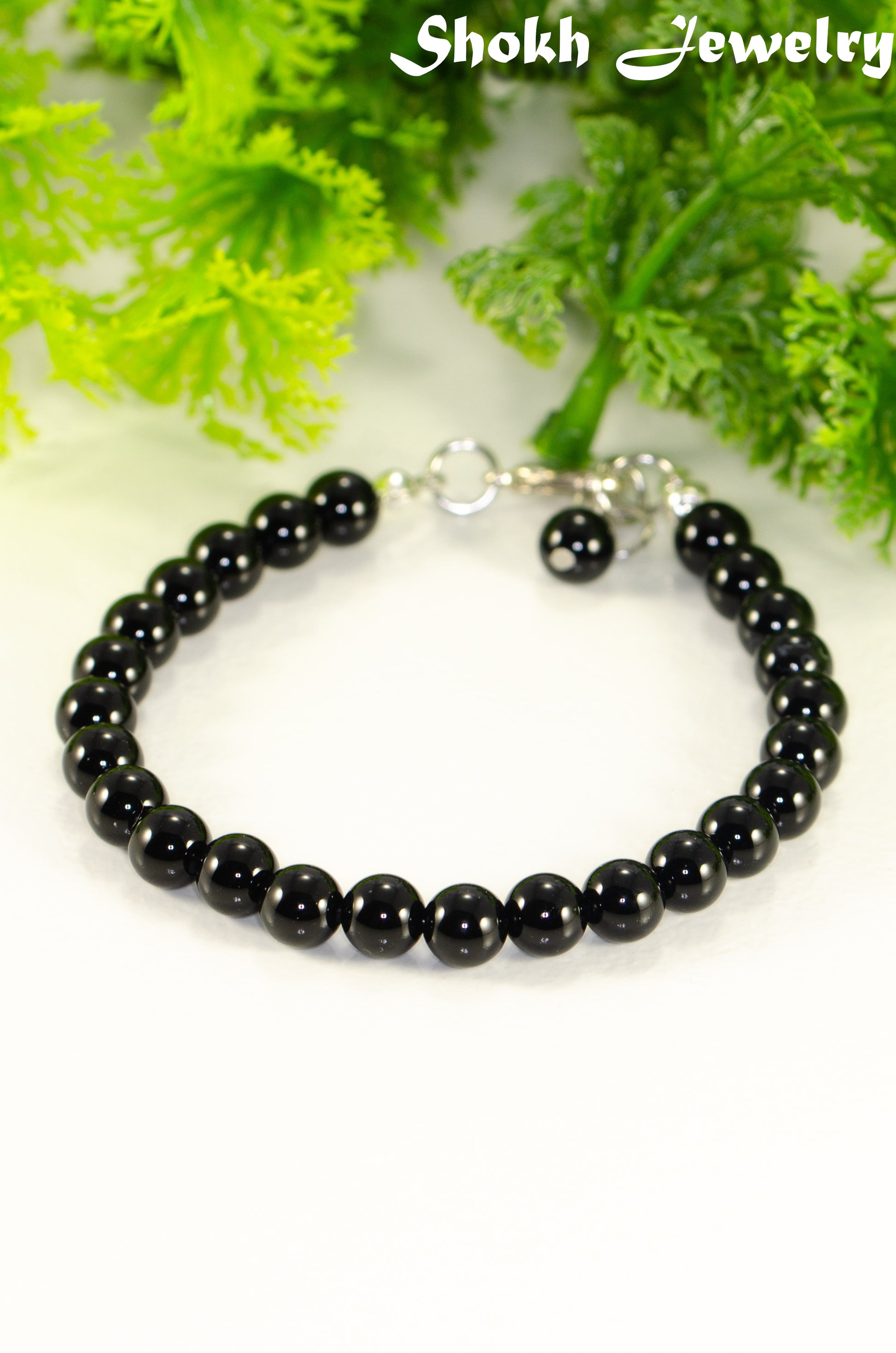 6mm Black Obsidian Beaded Anklet with clasp and a dangle.
