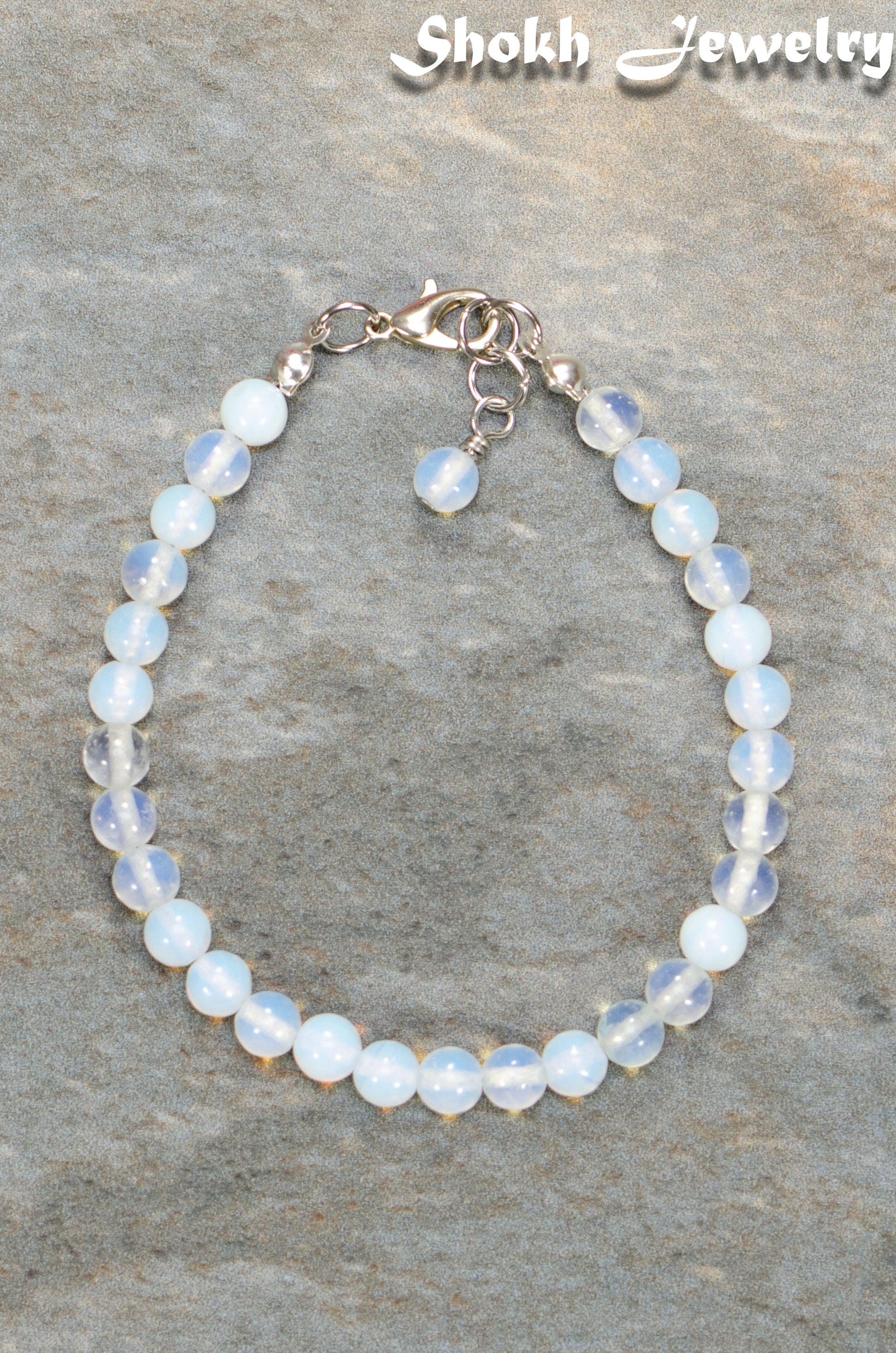 Top view of 6mm Clear White Opalite Beaded Anklet.