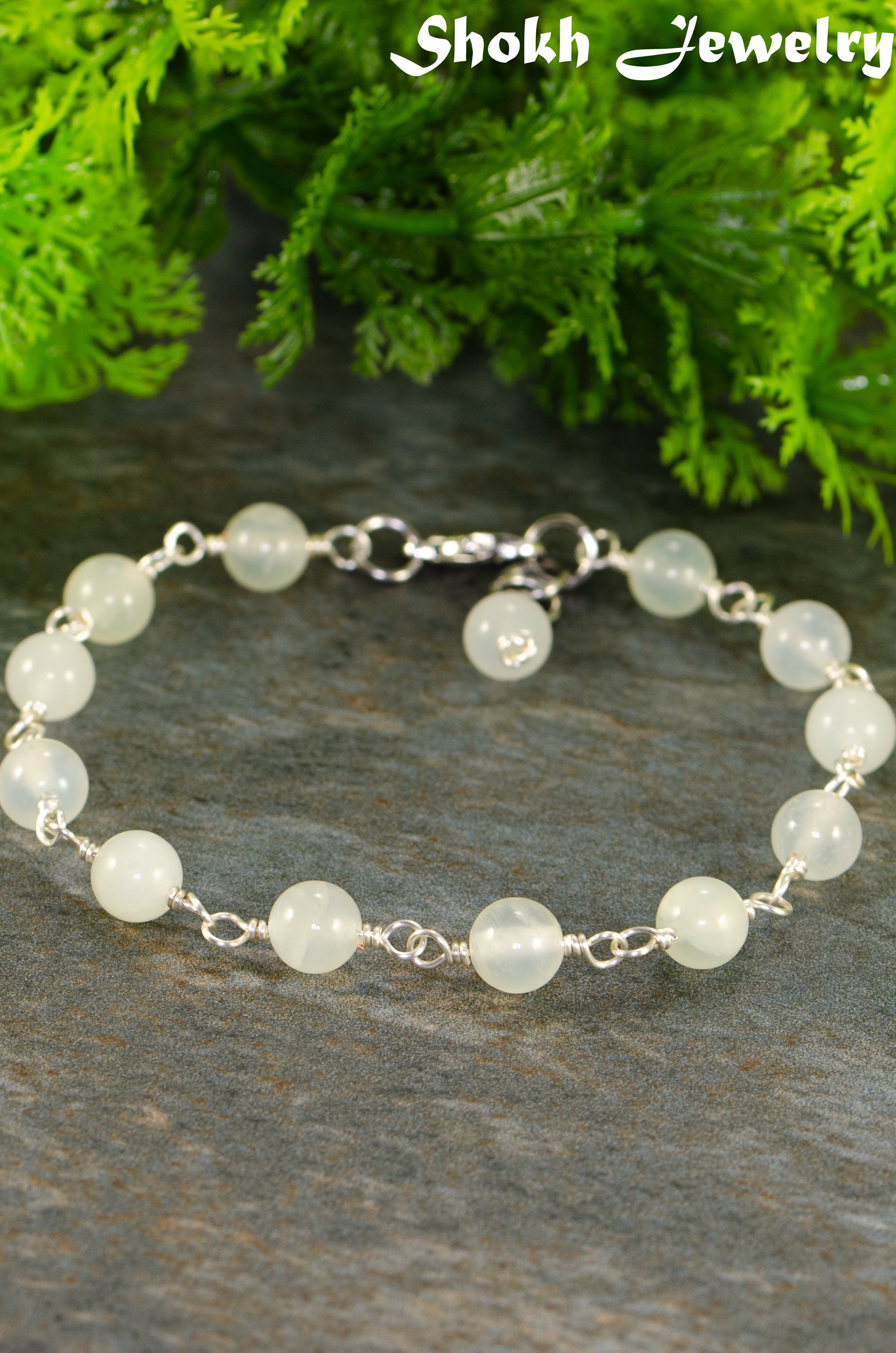 6mm Green Jade Link Anklet with clasp and a dangle.