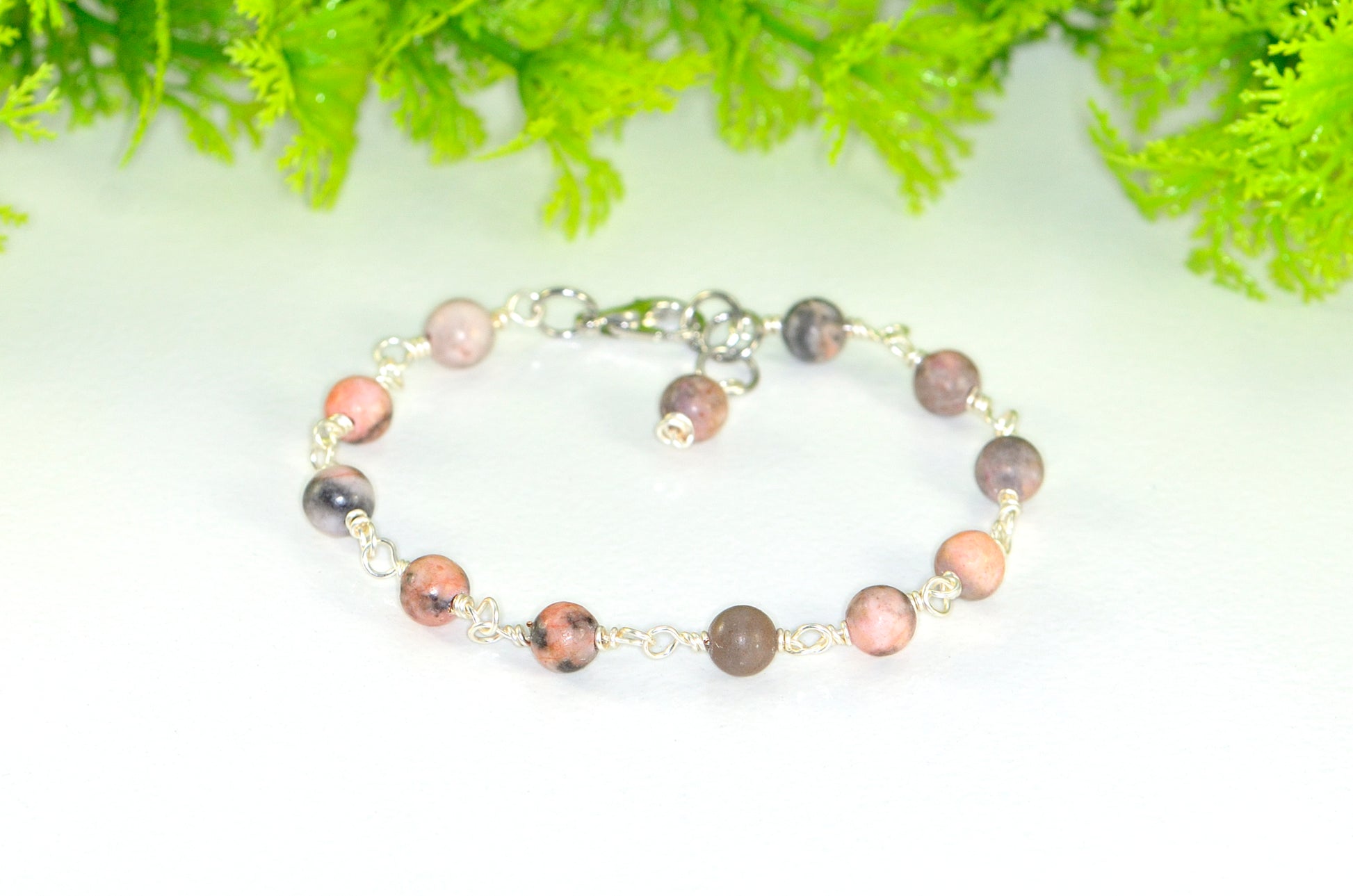 6mm Pink Zebra Jasper Link Bracelet with clasp.