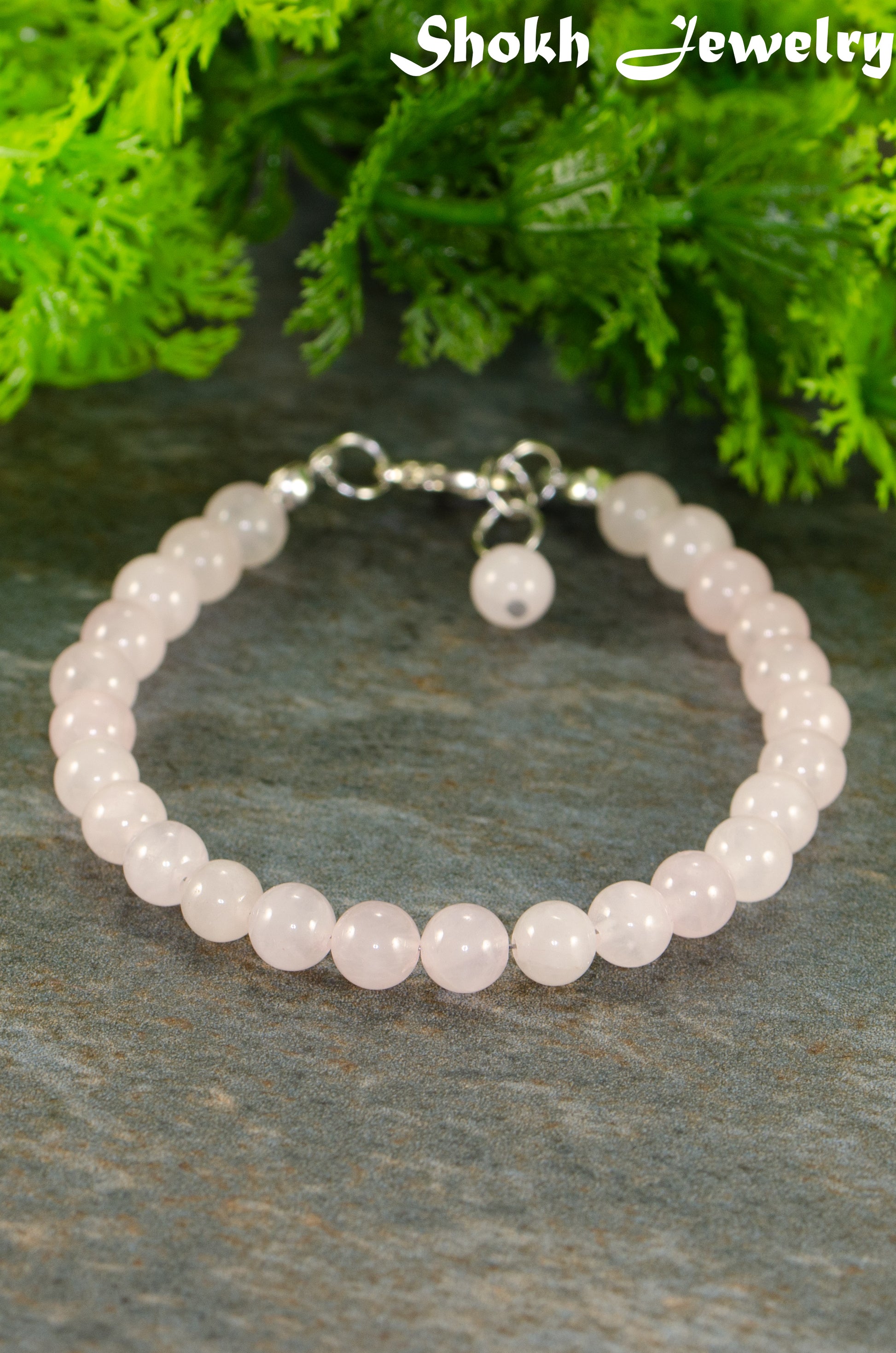 6mm Rose Quartz Beaded Anklet with clasp and a dangle.
