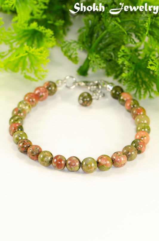 6mm Unakite Jasper Beaded Anklet with clasp and a dangle.