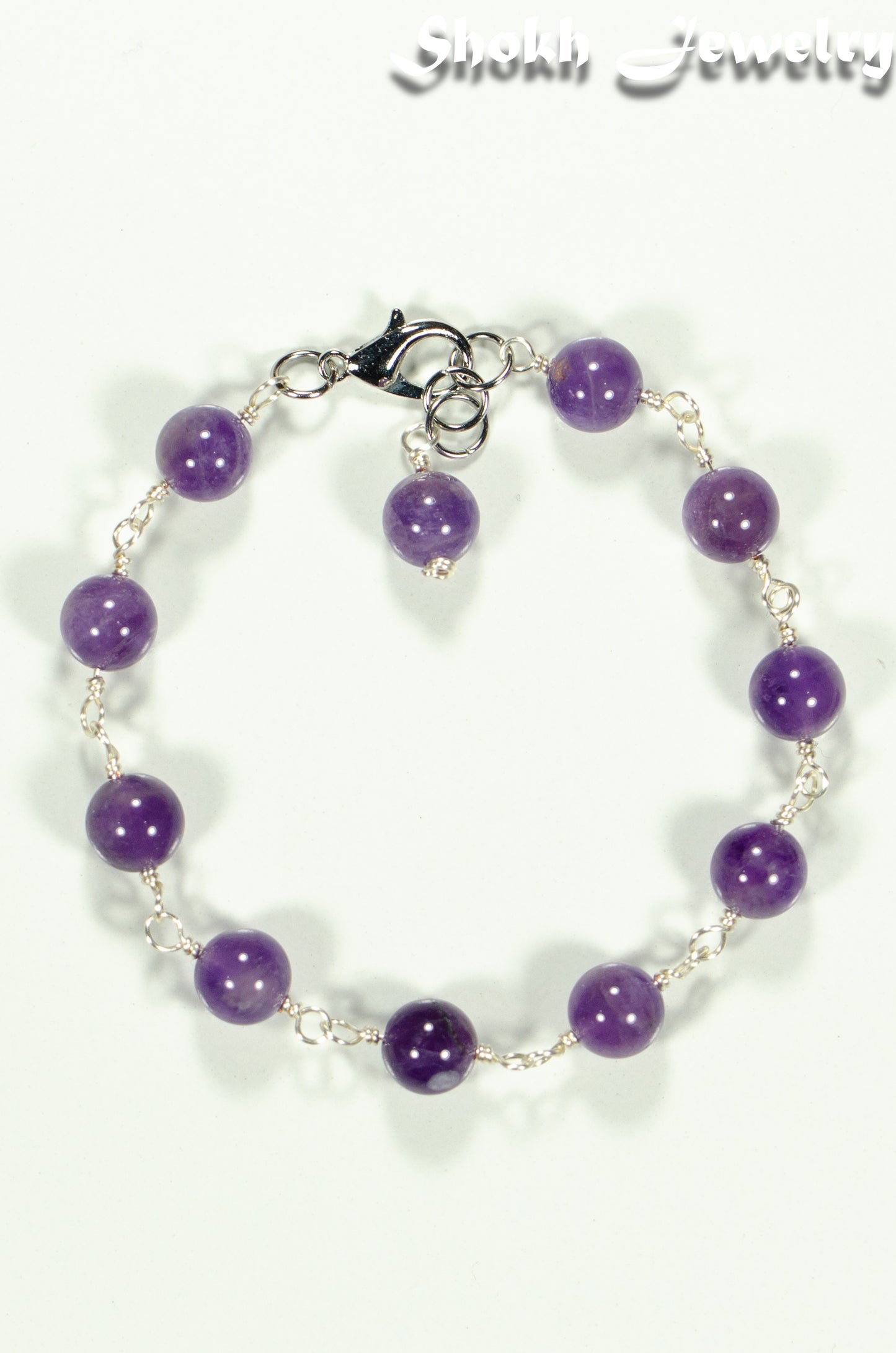 Top view of 8mm Amethyst Link Chain Anklet.