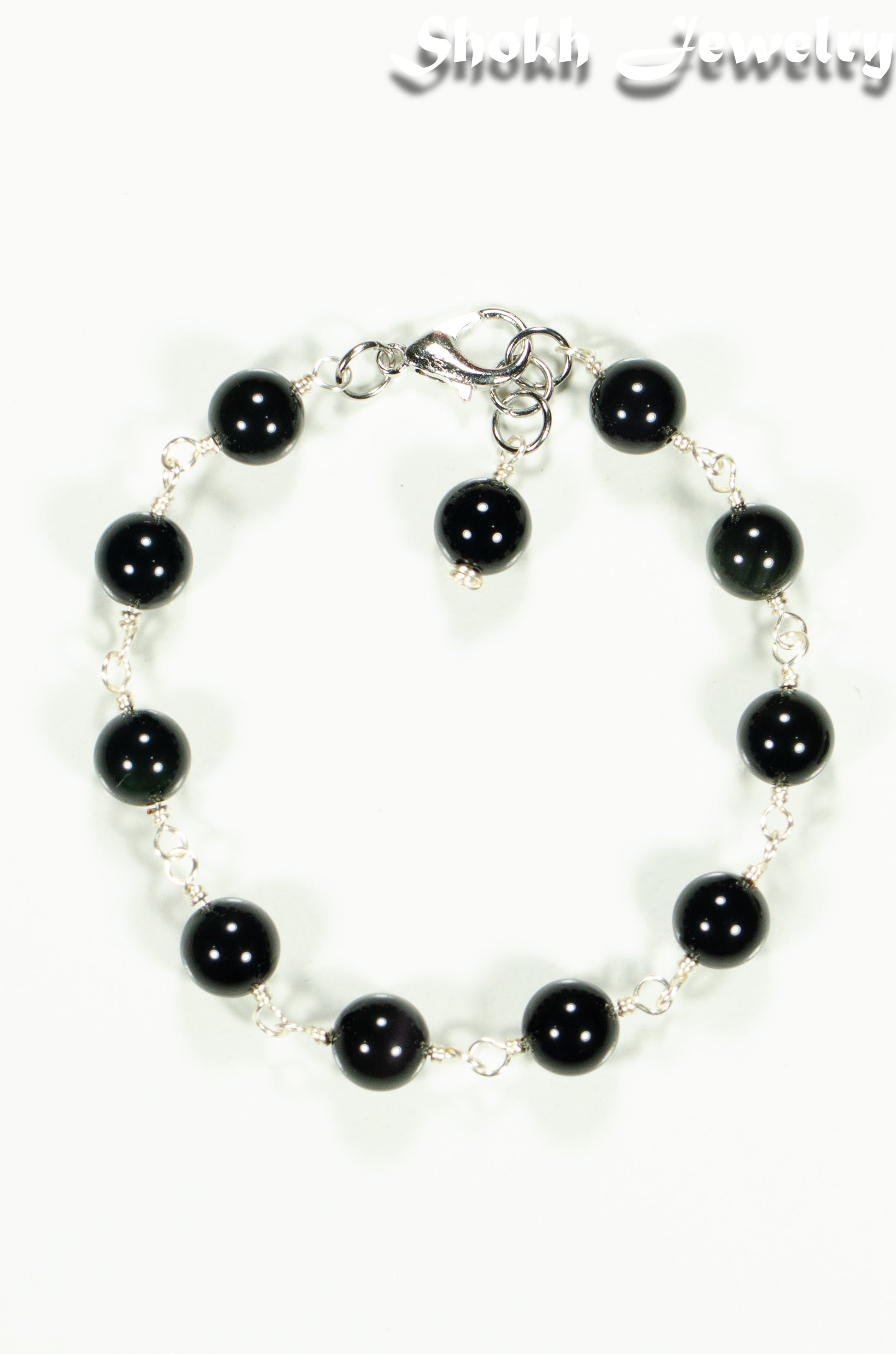Top view of 8mm Black Obsidian Link Anklet.