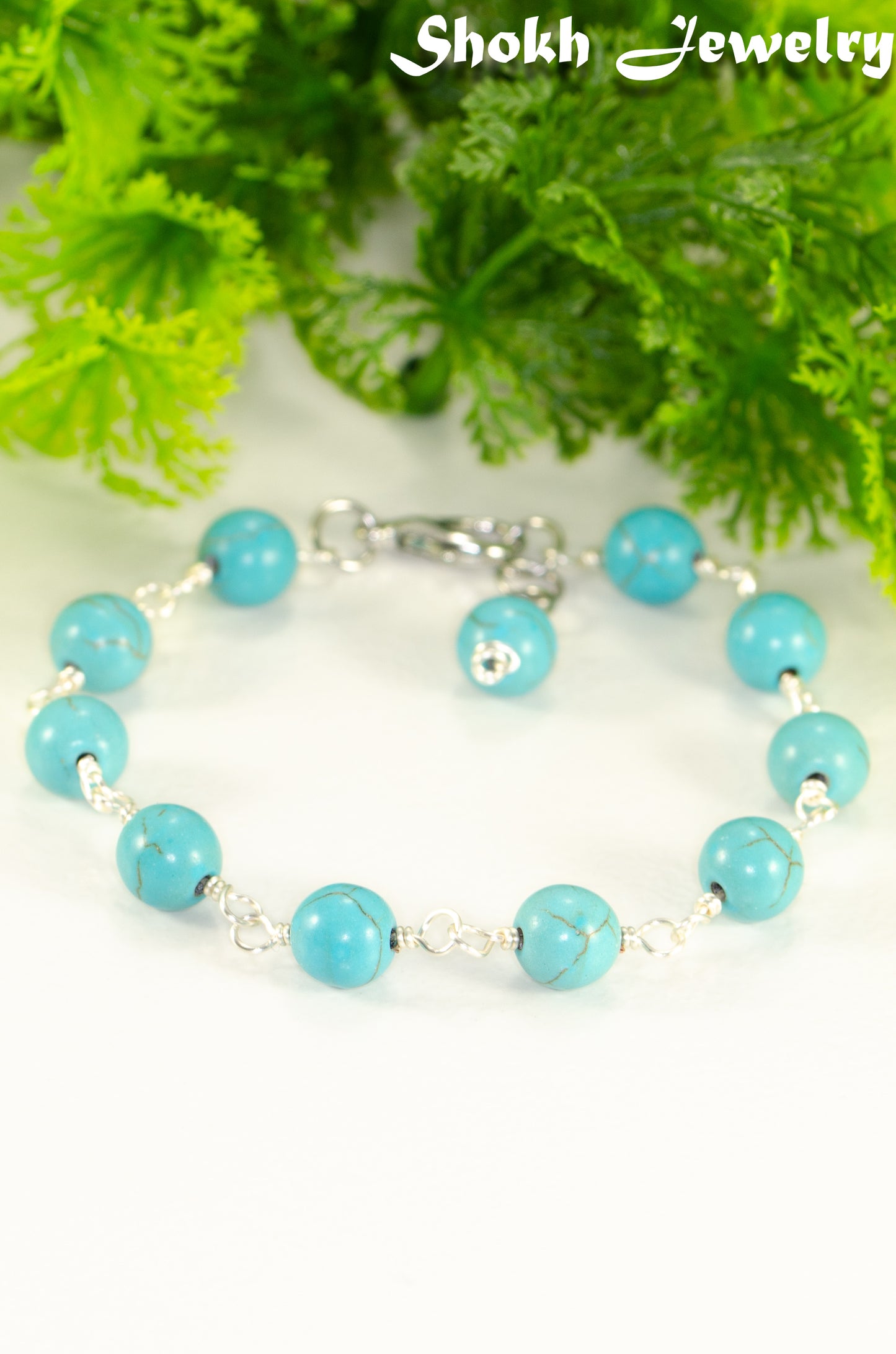 8mm Turquoise Howlite Link Anklet with clasp and a dangle.
