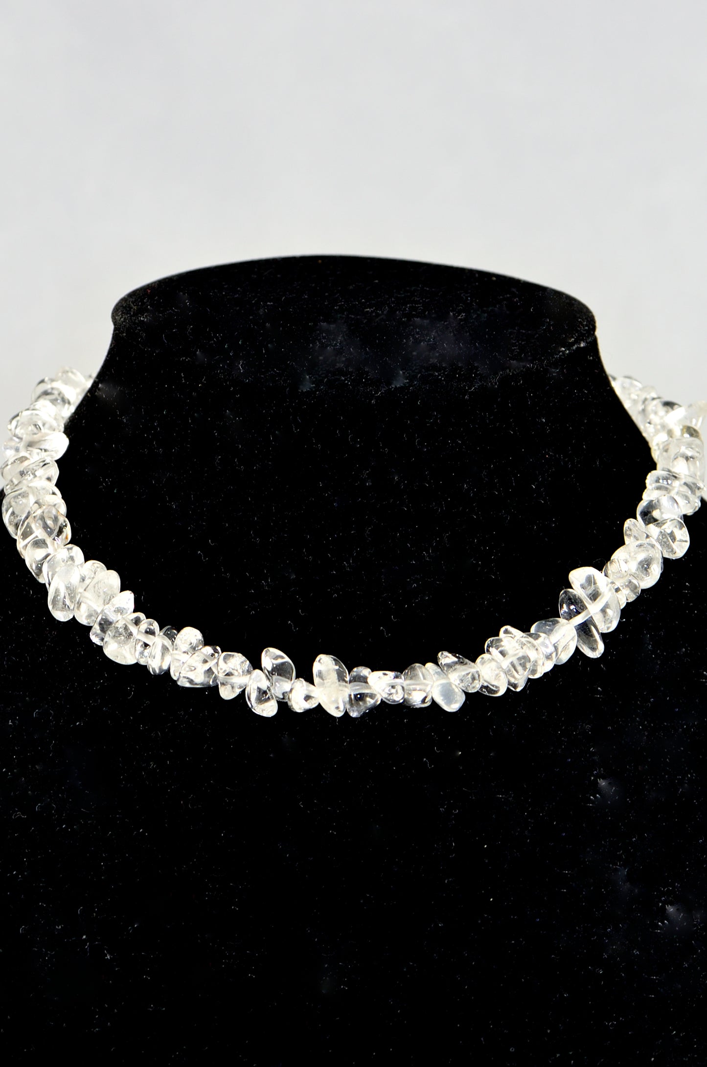 Close up of Clear Quartz Crystal Chip Choker Necklace.