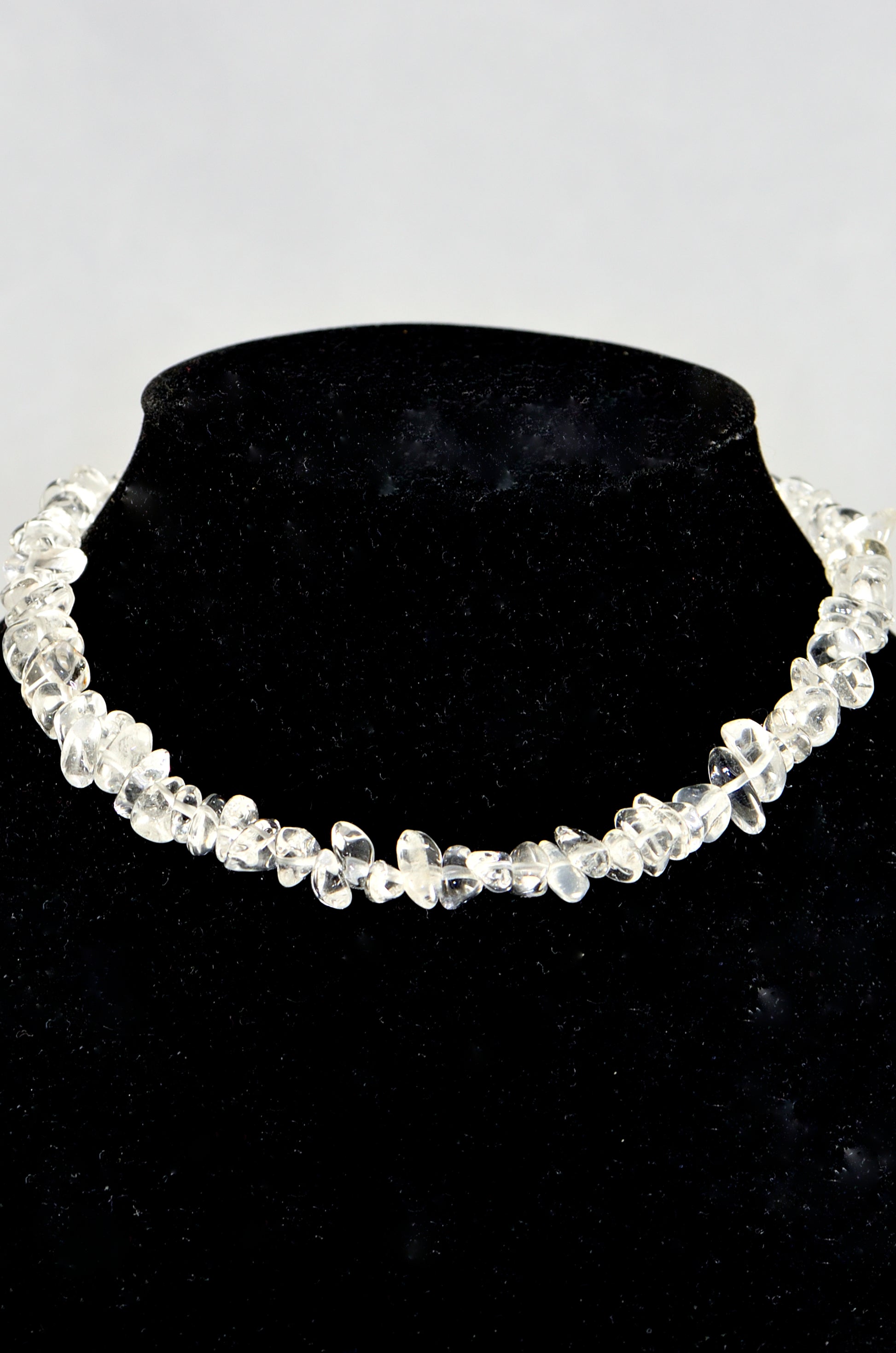 Close up of Clear Quartz Crystal Chip Choker Necklace.