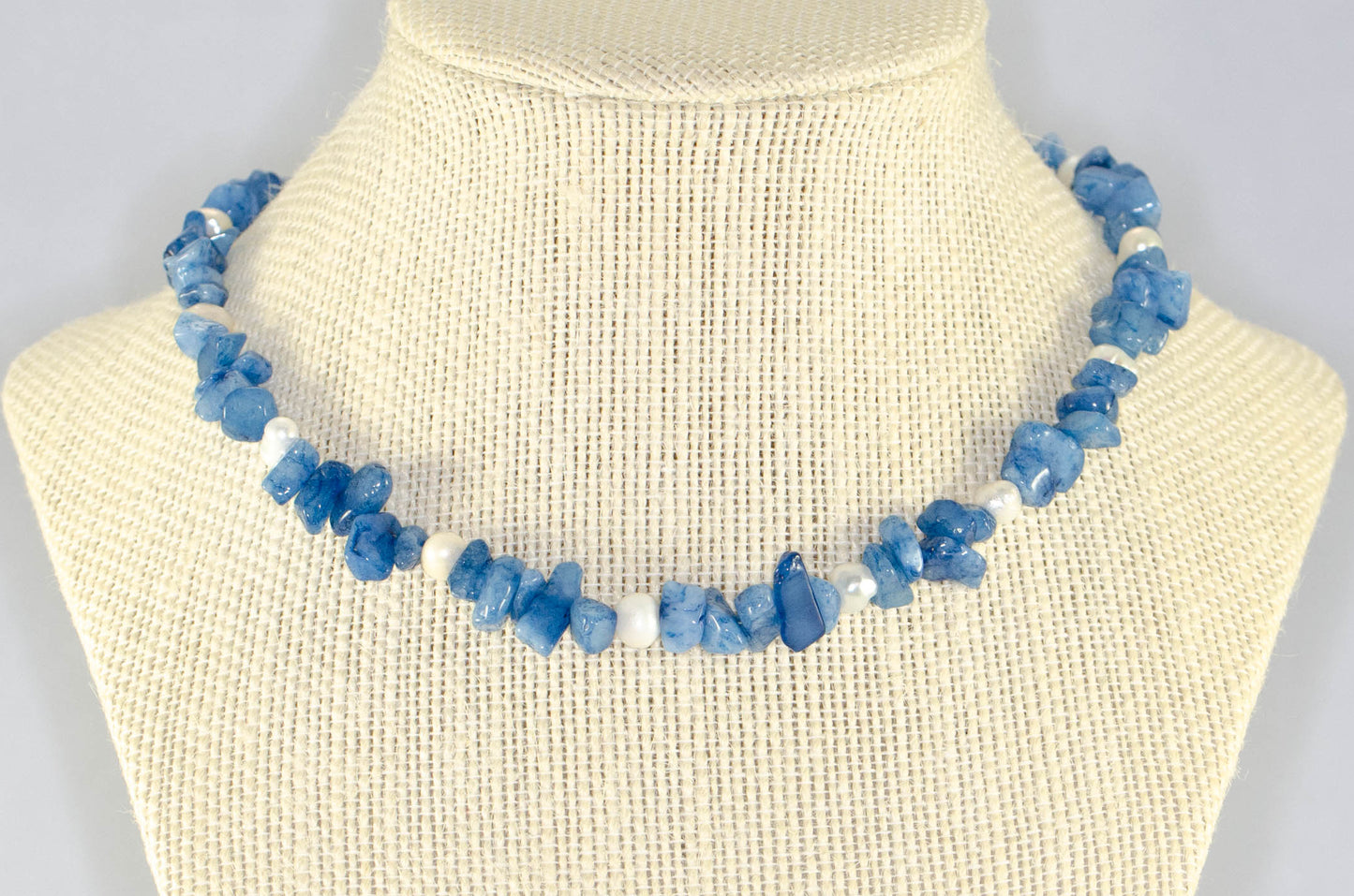 Freshwater Pearl and Natural Blue Quartzite Chip Choker Necklace displayed on a bust.
