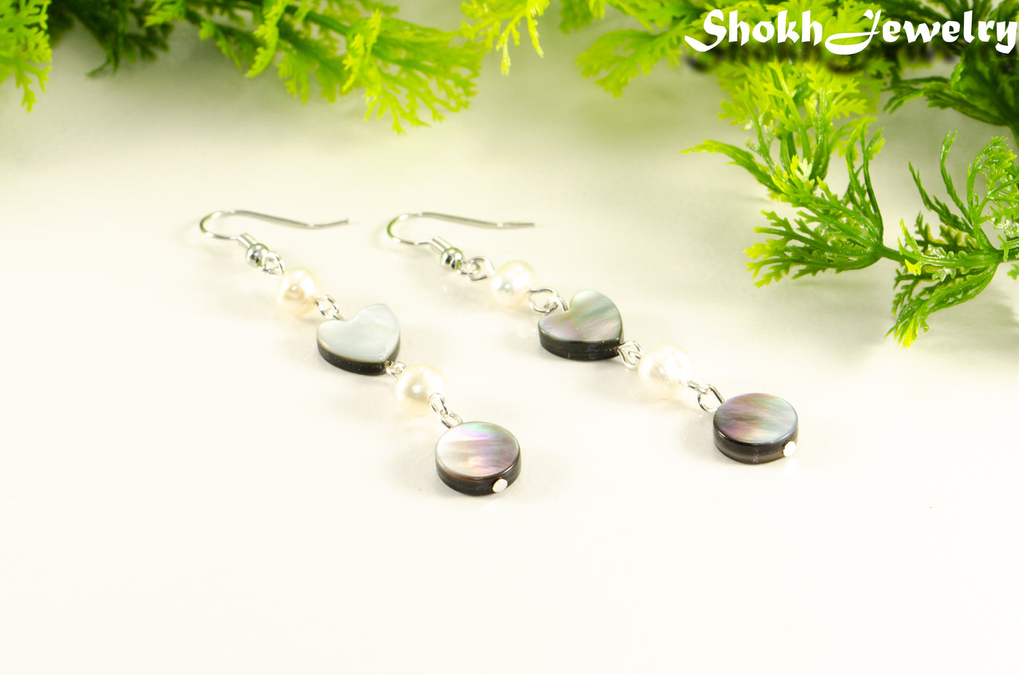 Long Grey Seashell and Freshwater Pearl Earrings.