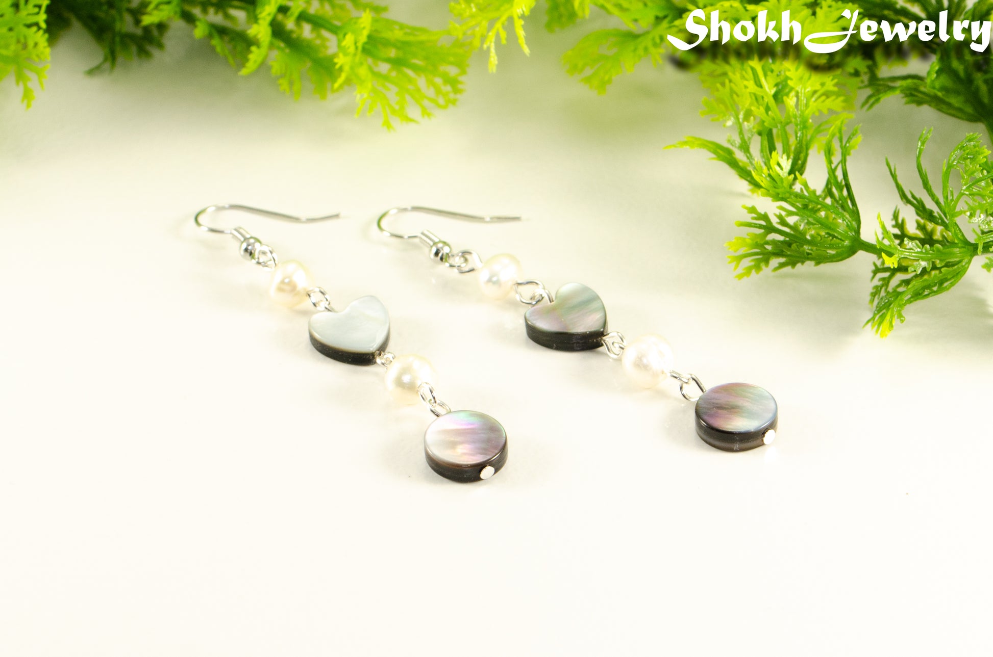 Long Grey Seashell and Freshwater Pearl Earrings.