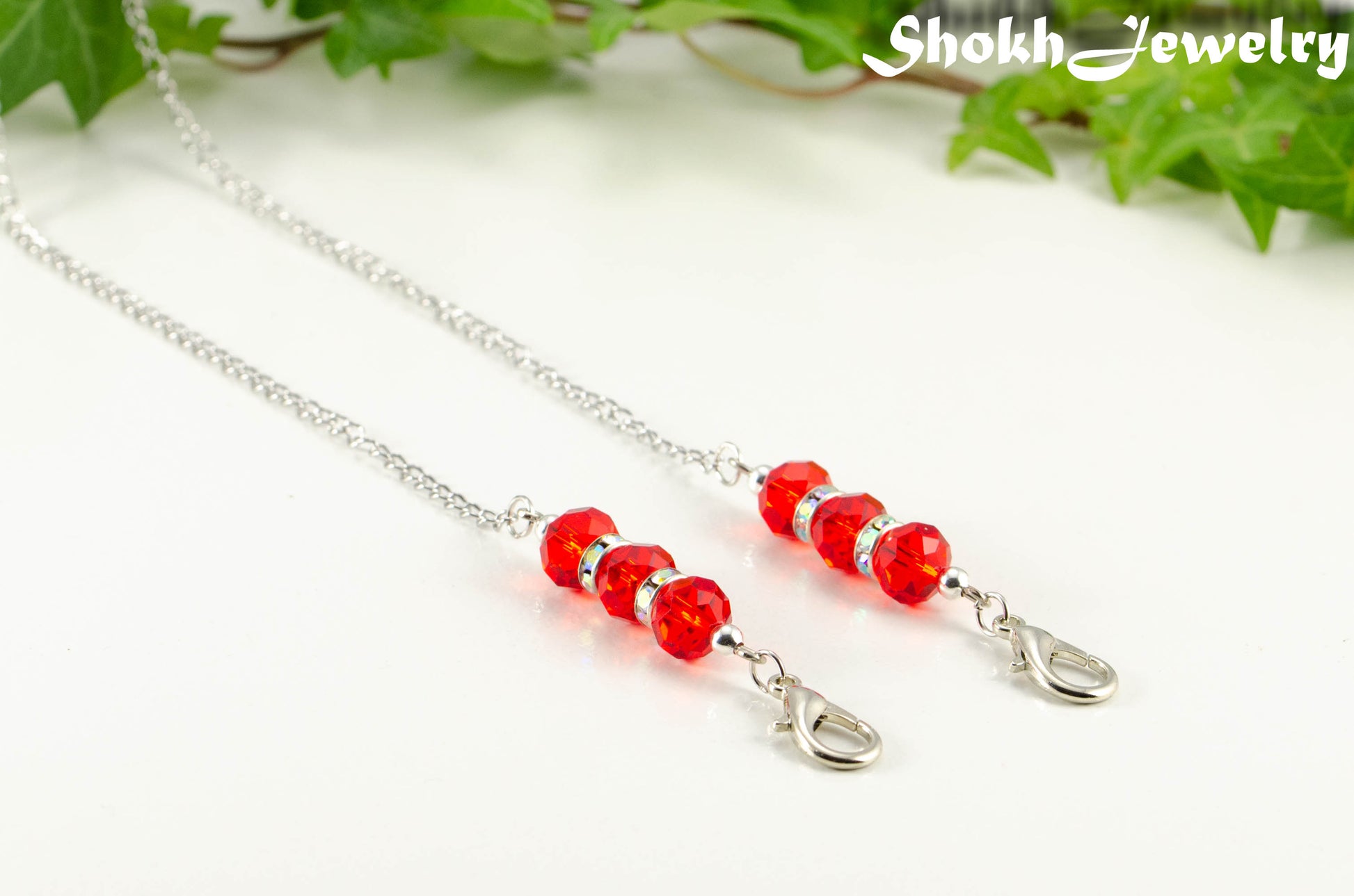 Red Glass and Sparkly Rhinestone Eyeglass Chain