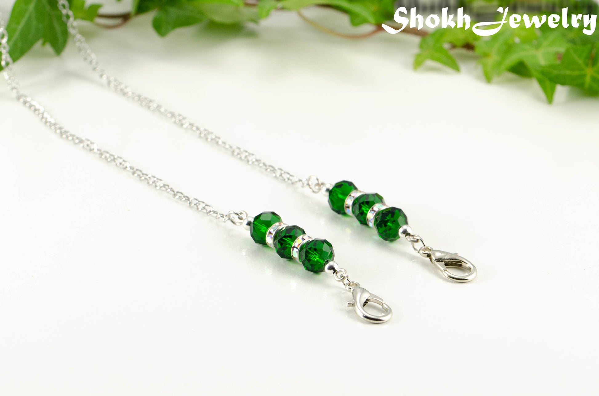 Green Glass and Sparkly Rhinestone Eyeglass Chain
