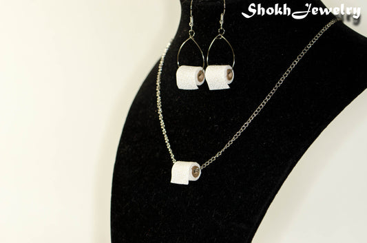 Tiny Toilet Paper Roll Necklace and Earrings Set displayed on a bust.