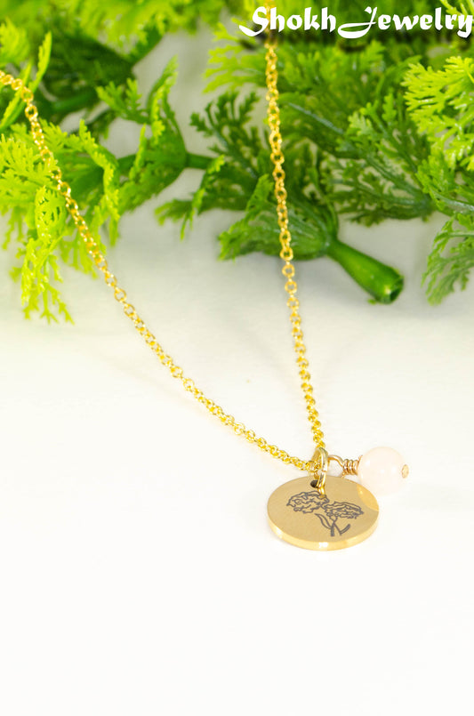 Gold Plated October Birth Flower Necklace with Rose Quartz Birthstone Pendant.