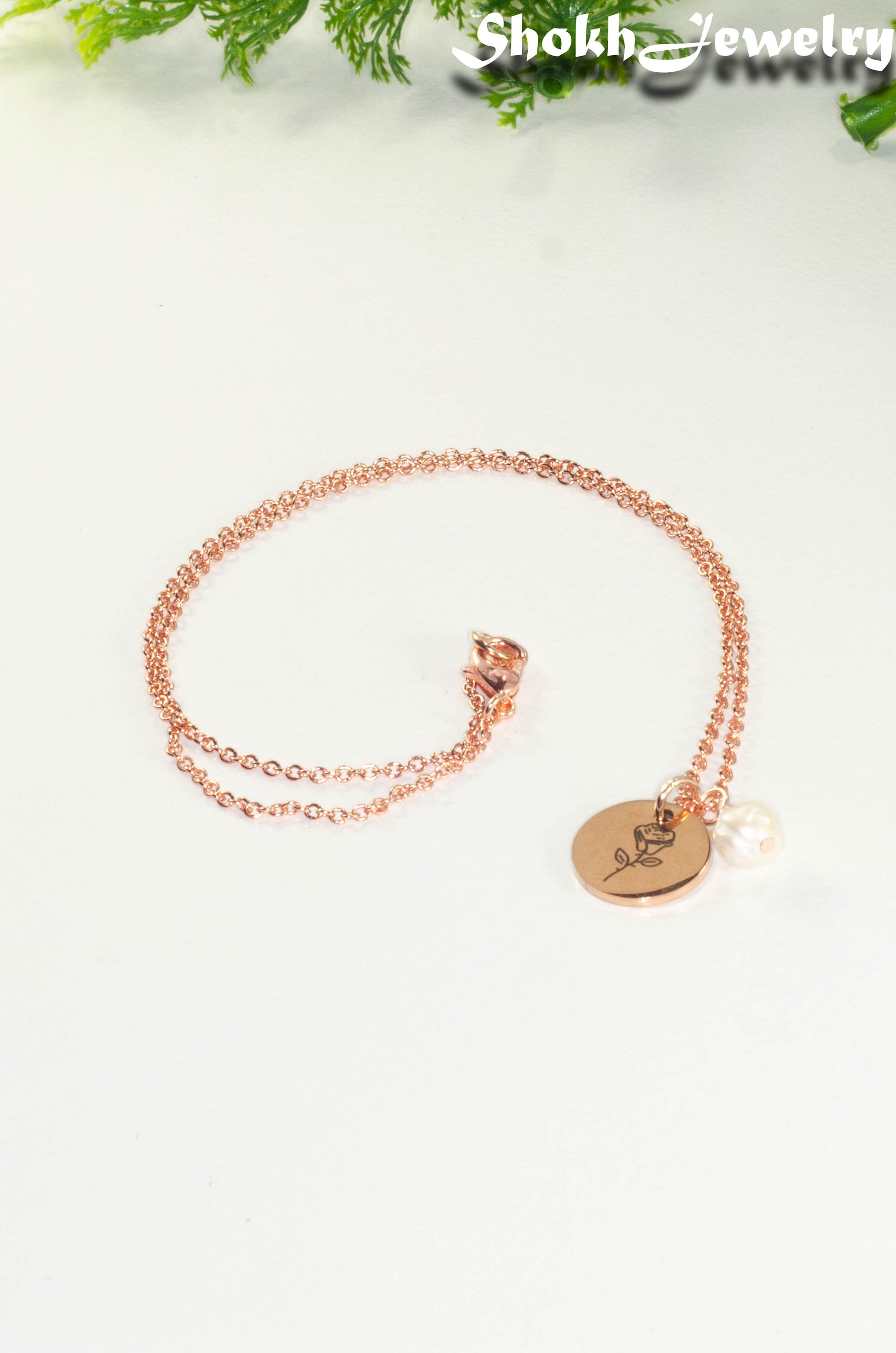 Rose Gold Plated June Birth Flower Necklace with Freshwater Pearl Pendant.
