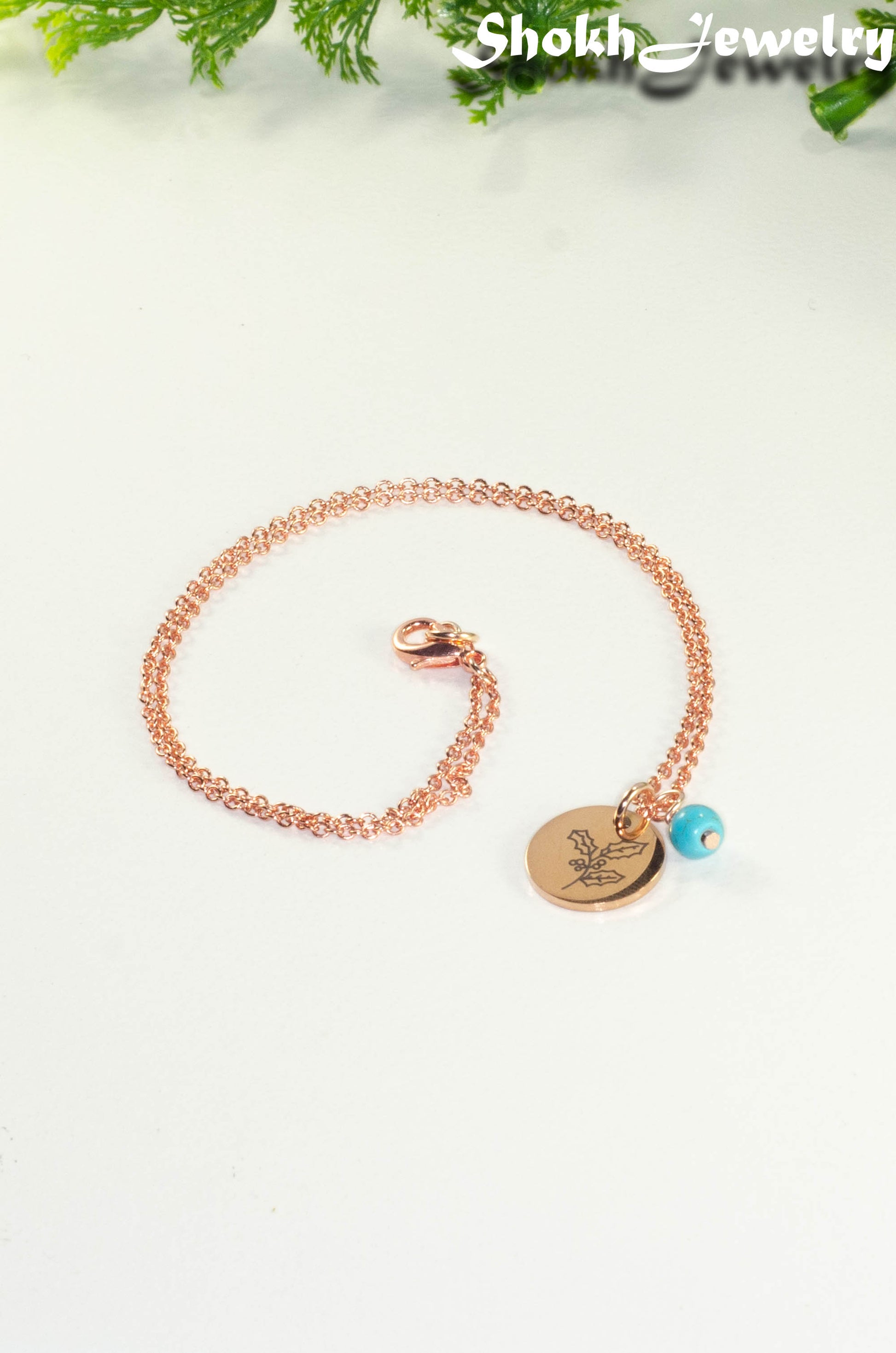 Rose Gold Plated December Birth Flower Necklace with Turquoise Howlite Birthstone Pendant.