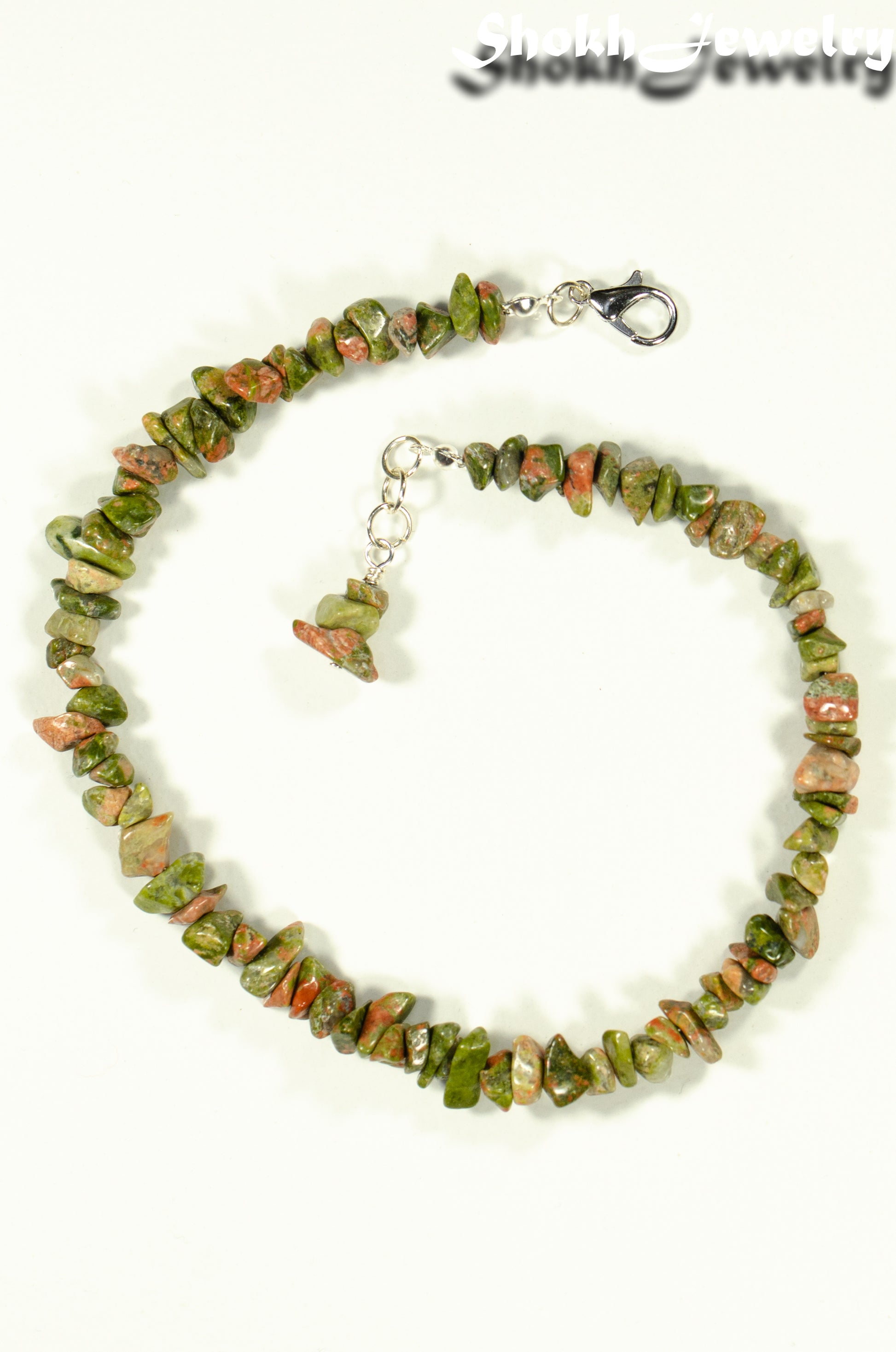 Close up of Natural Unakite Crystal Chip Choker Necklace.