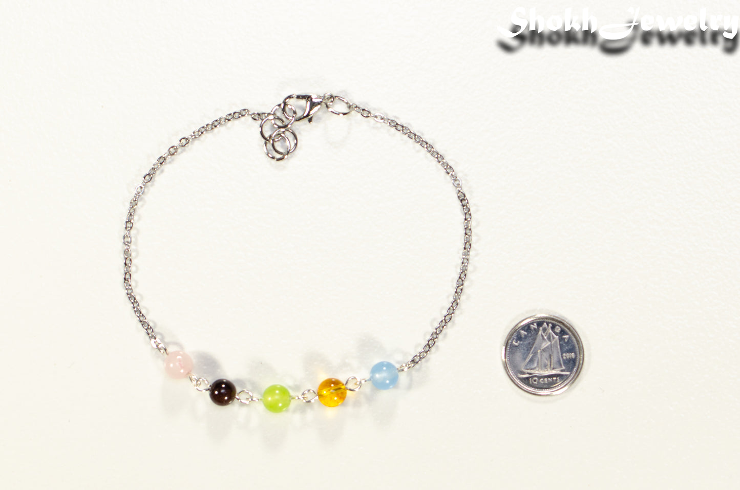 Custom Family Birthstone Anklet beside a dime