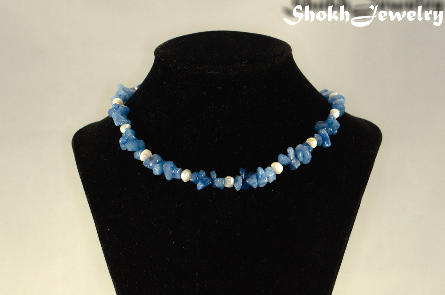 Freshwater Pearl and Natural Blue Quartzite Chip Choker Necklace