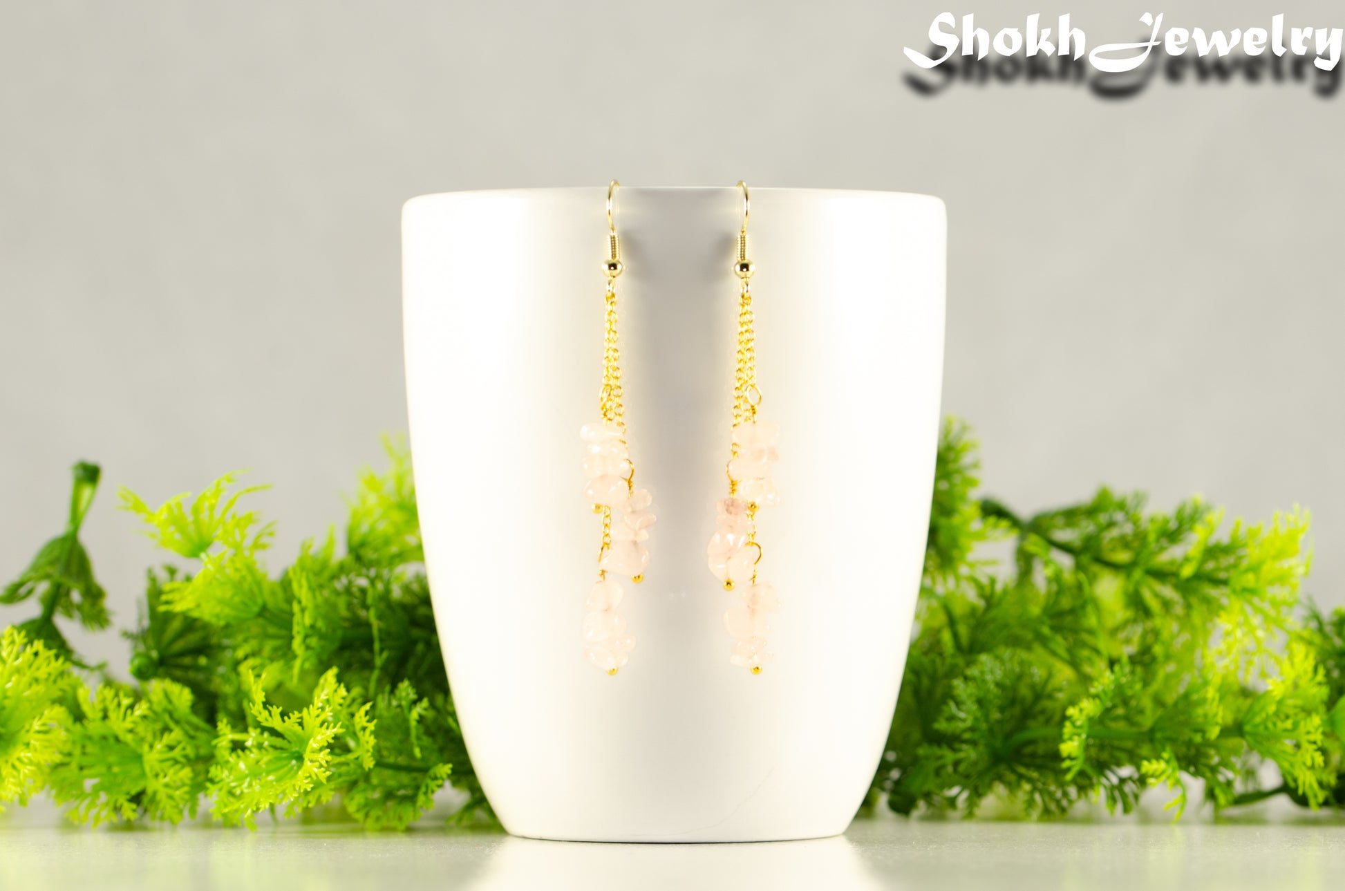 Long Gold Plated Chain and Rose Quartz Crystal Chip Earrings.