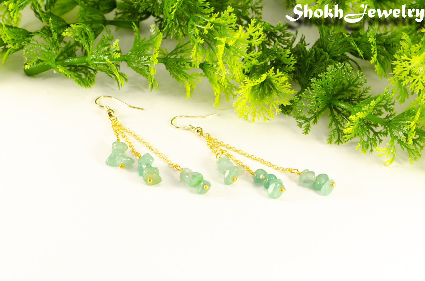 Long Gold Plated Chain and Green Aventurine Chip Earrings for women.