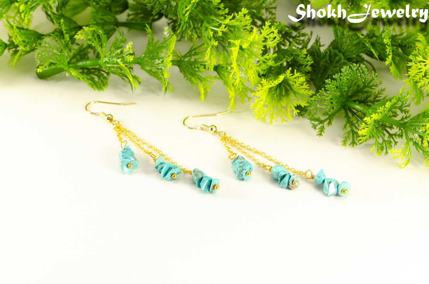 Long Gold Plated Chain and Turquoise Crystal Chip Earrings for women.