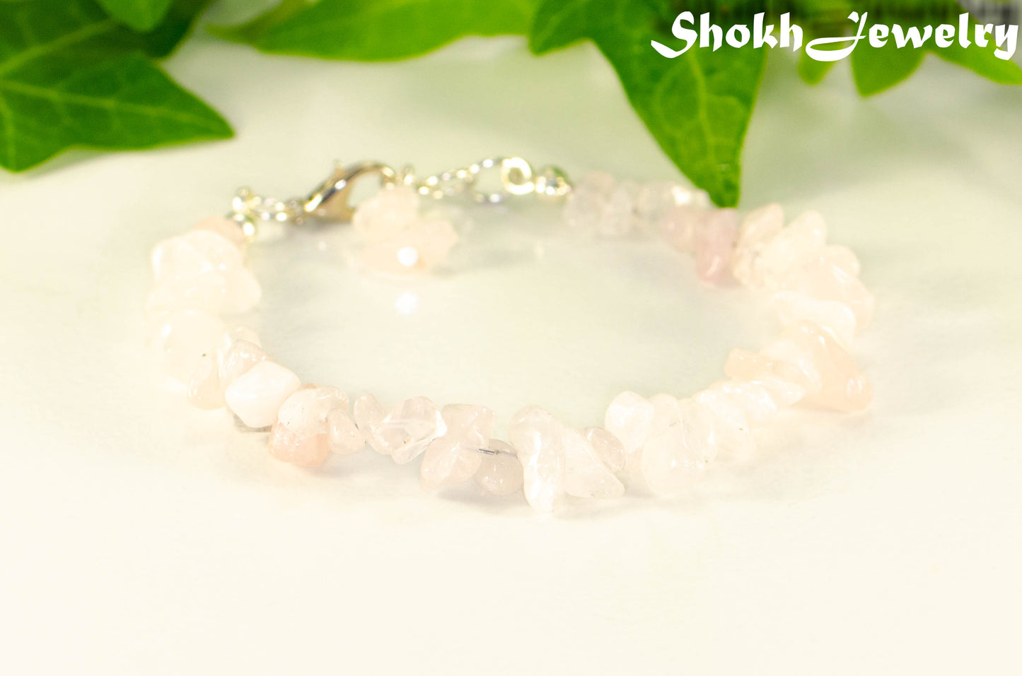 Close up of Natural Rose Quartz Crystal Chip Bracelet