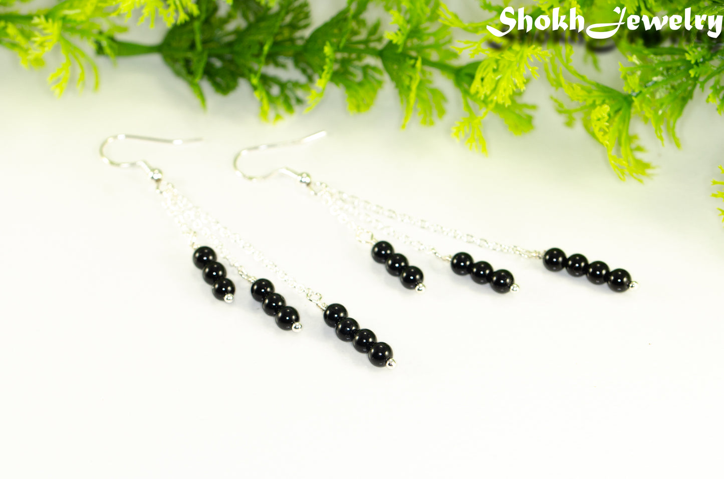 Silver Plated Chain and Black Obsidian Crystal Earrings.