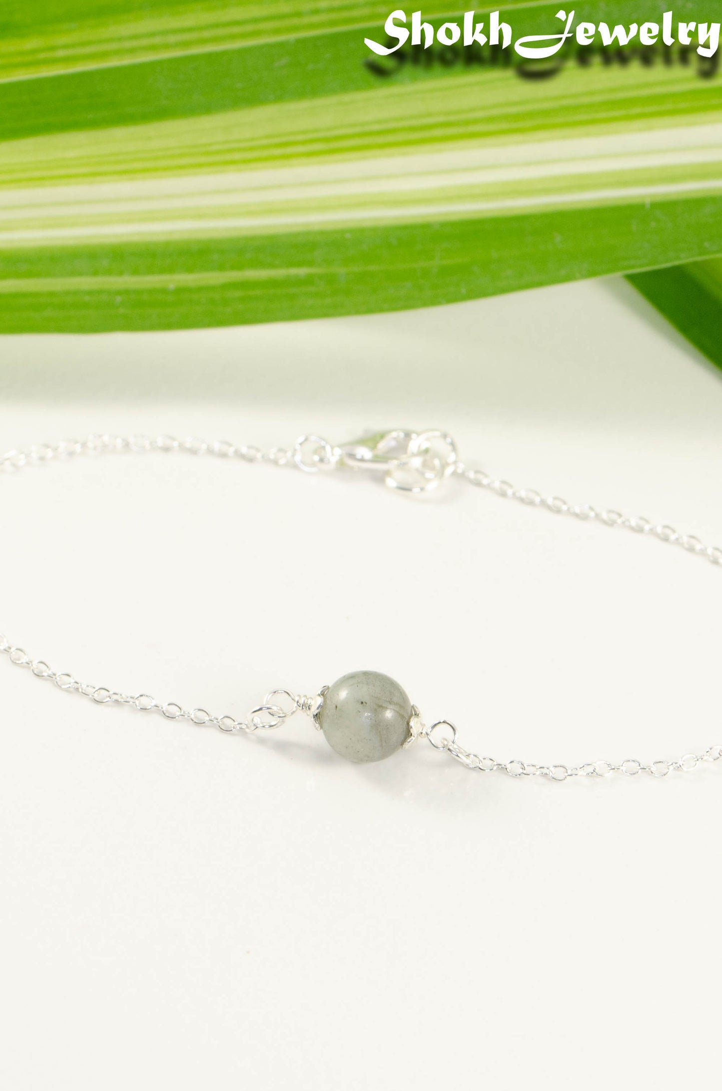 Close up of Minimal Labradorite Bracelet.