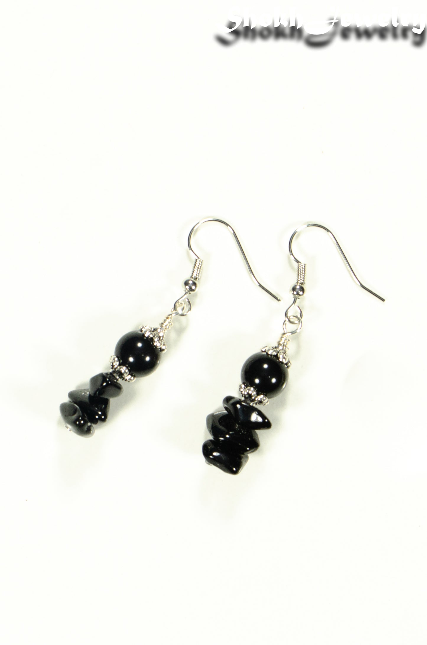 Top view of Simple  Black Obsidian Crystal Chip Earrings.