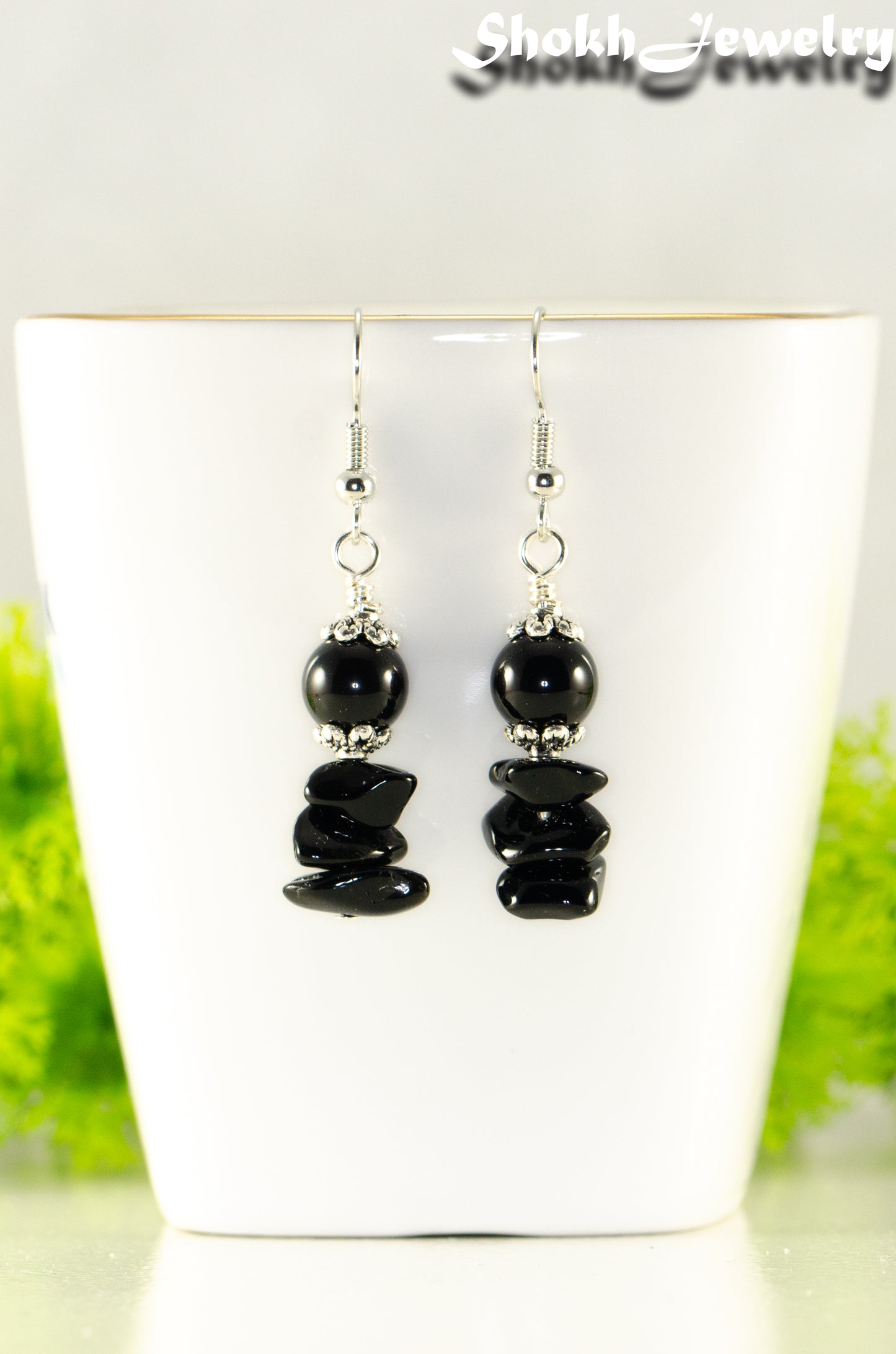 Close up of Simple  Black Obsidian Crystal Chip Earrings.