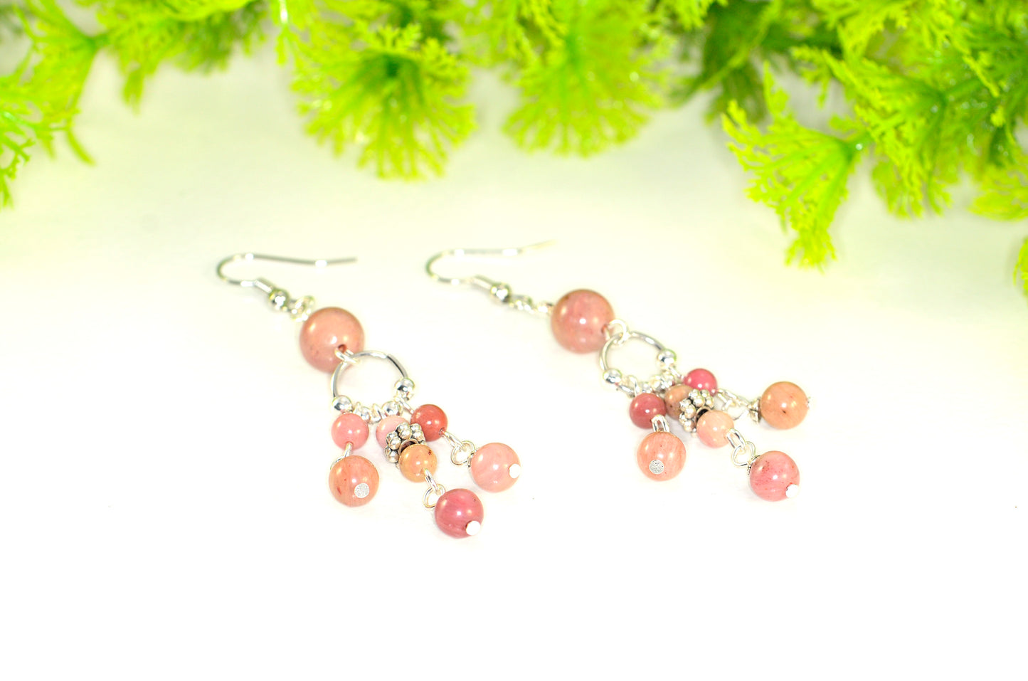 Statement Pink Rhodonite Chandelier Earrings for women.