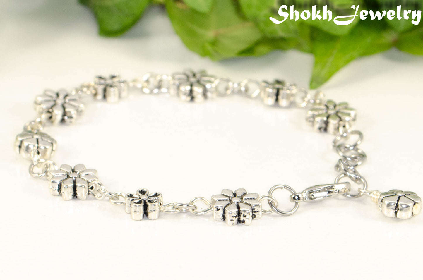 Close up of Tibetan silver Flower Bracelet .