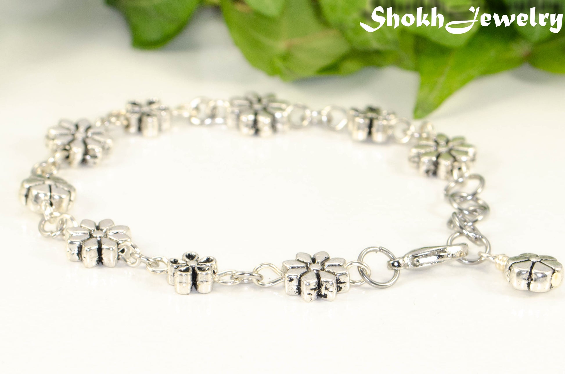 Close up of Tibetan silver Flower Bracelet .