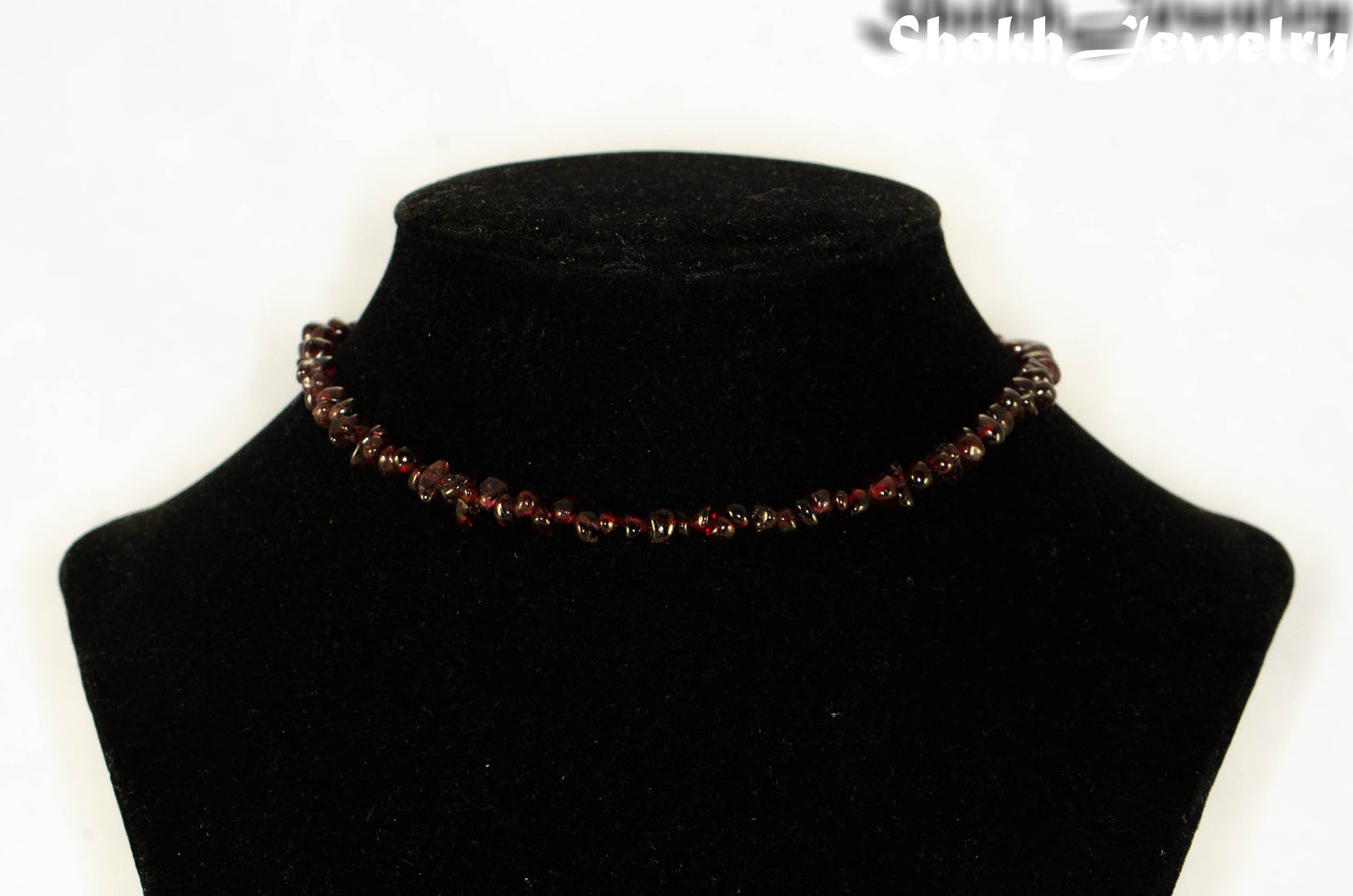 Natural Garnet Crystal Chip Choker Necklace on a bust