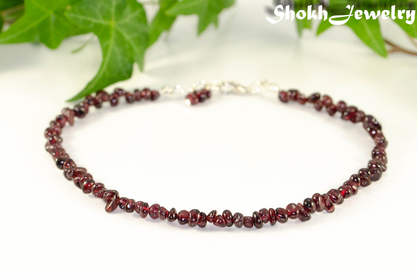 Close up of Natural Garnet Crystal Chip Choker Necklace